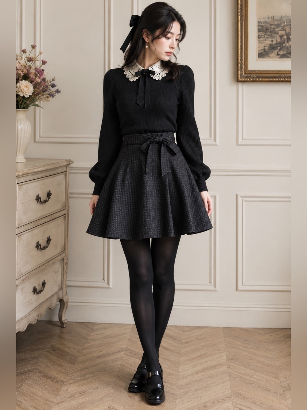 Black Houndstooth Skater Skirt Dark Academia Balletcore M